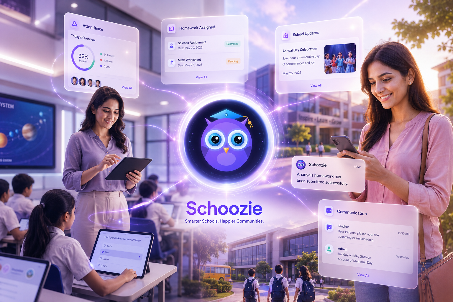Teachers and students using Schoozie - smarter schools, happier communities