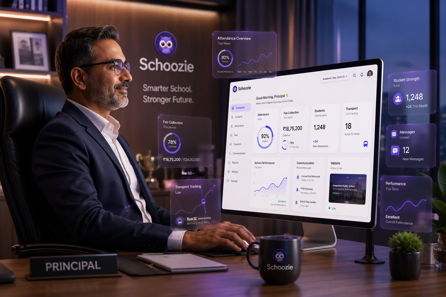 Principal managing school operations on Schoozie dashboard
