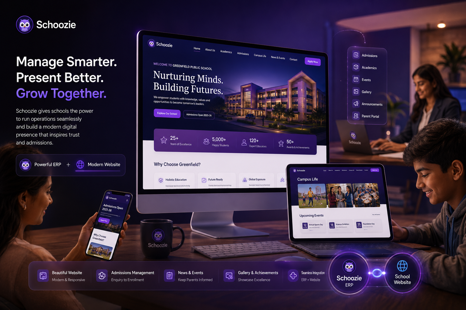Modern school website, ERP and admissions - Schoozie unified digital presence